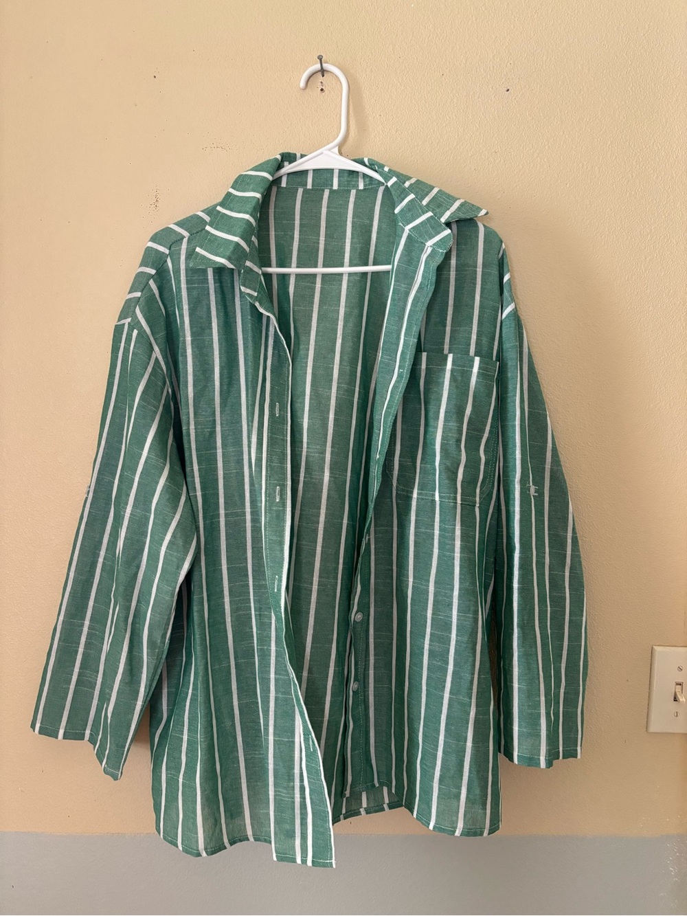 SHEIN Green and White Striped Lightweight Shirt Jacket